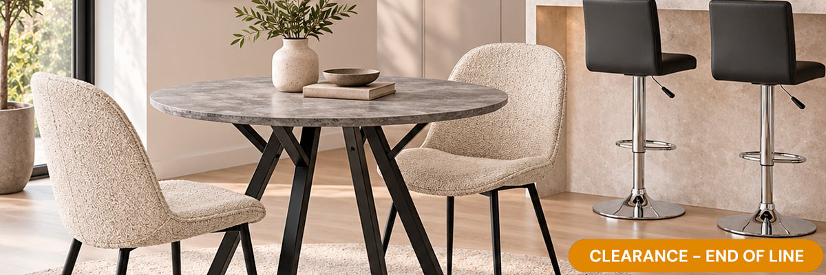 Chair, dining table and bar stool discounted in the end-of-line clearance sale.