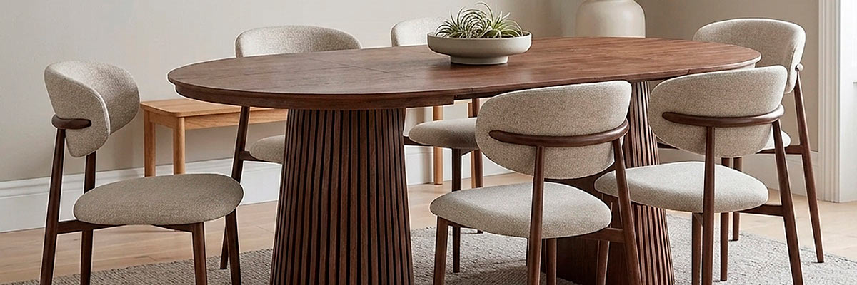 Modern extendable wooden dining table with six upholstered dining chairs