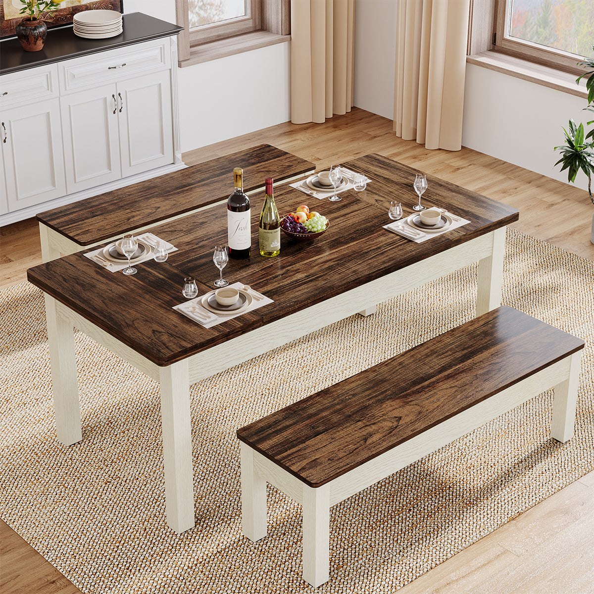 Windermere Dining Bench Set White & Walnut