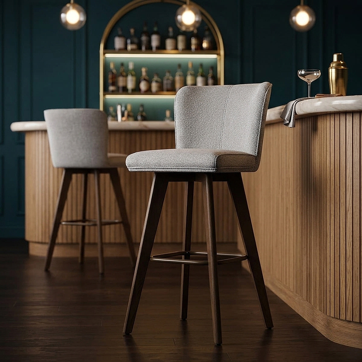 Aldo Dark Oak Bar Stool Light Grey Fabric