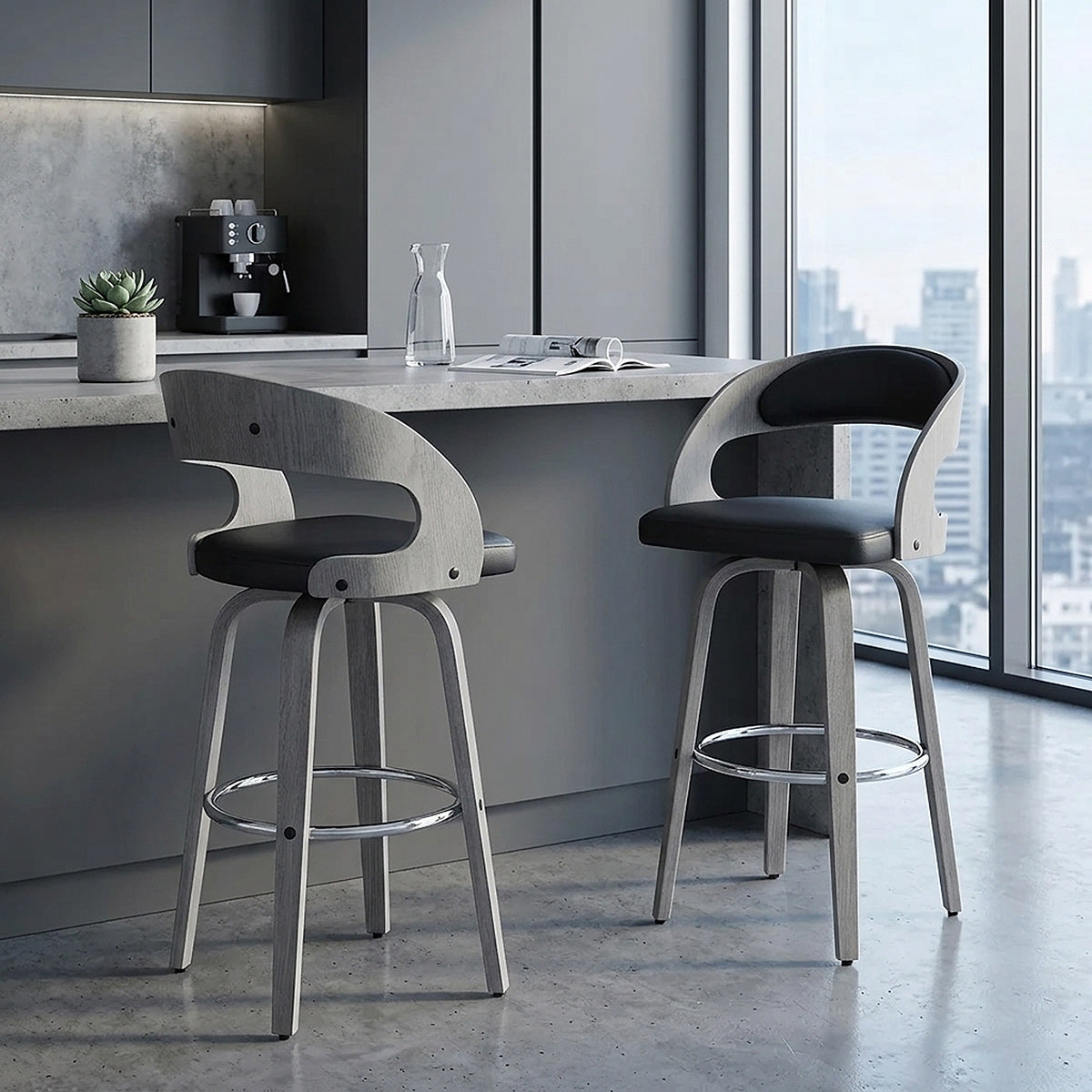 Alicia Grey Wooden Stool Black Real Leather