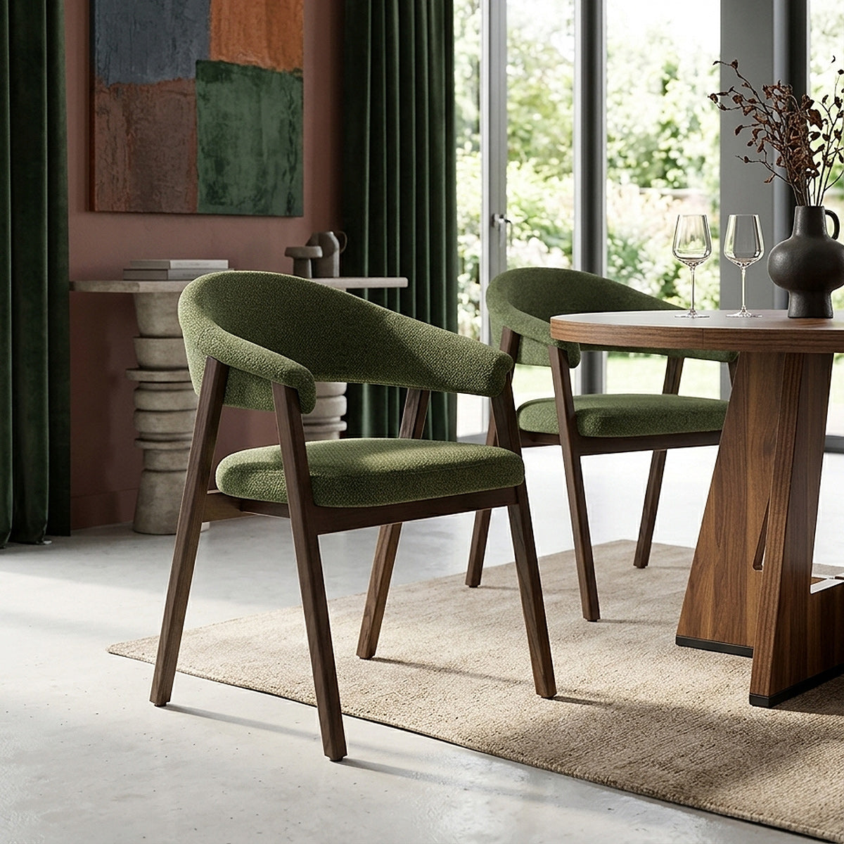 Amber Dark Oak Chair Green Fabric