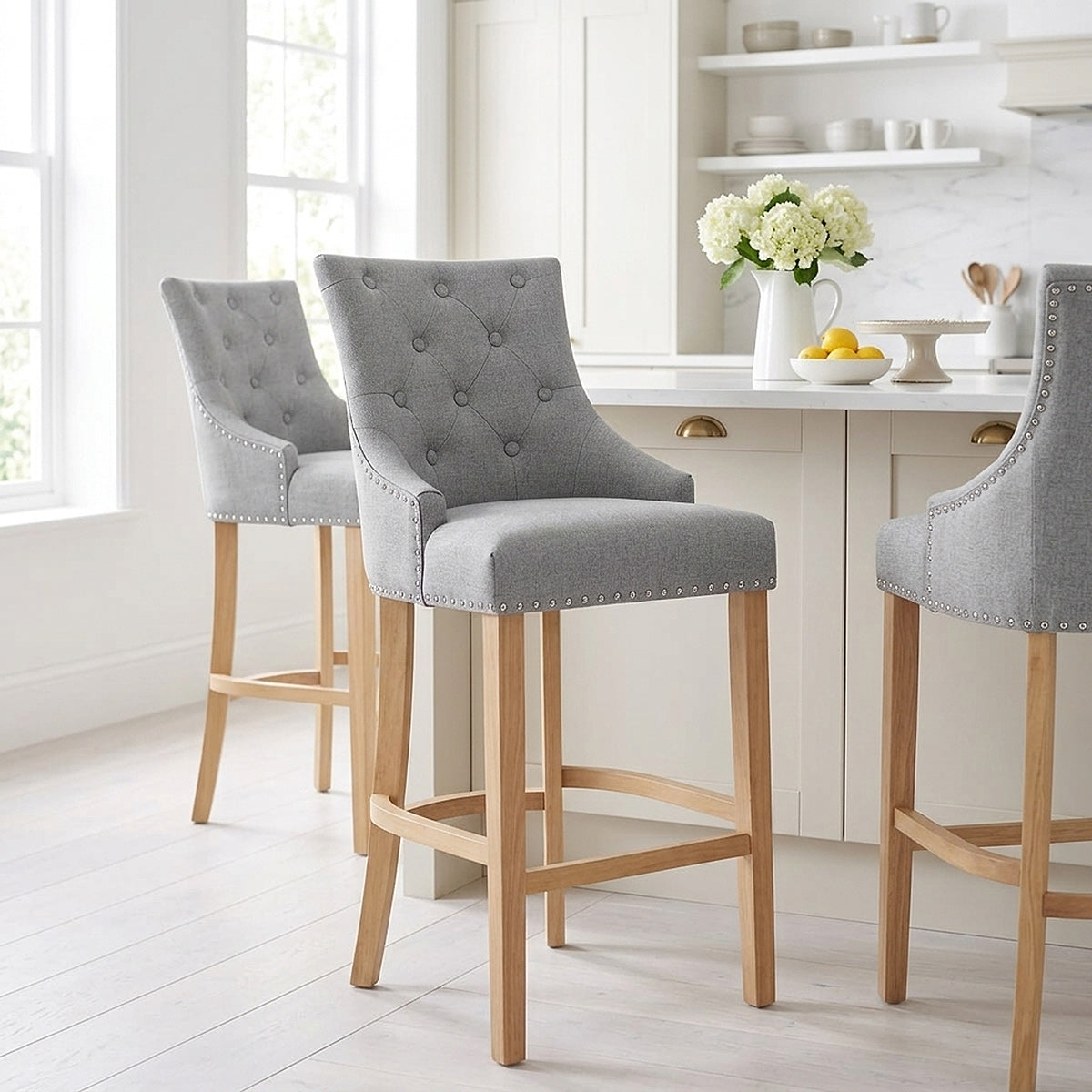 Ascot Oak Stool Grey Fabric