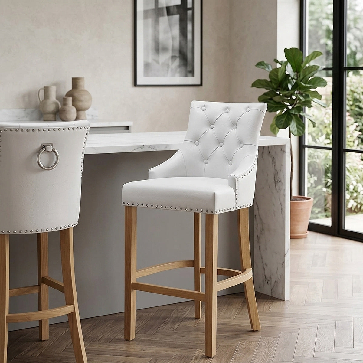 Ascot Oak Stool White Leather