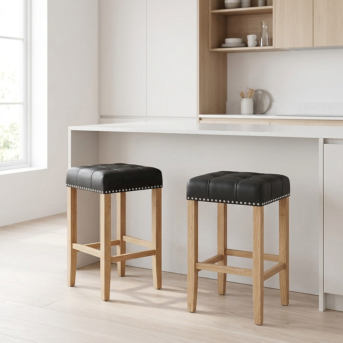 Chelsea Oak Stool Black Leather