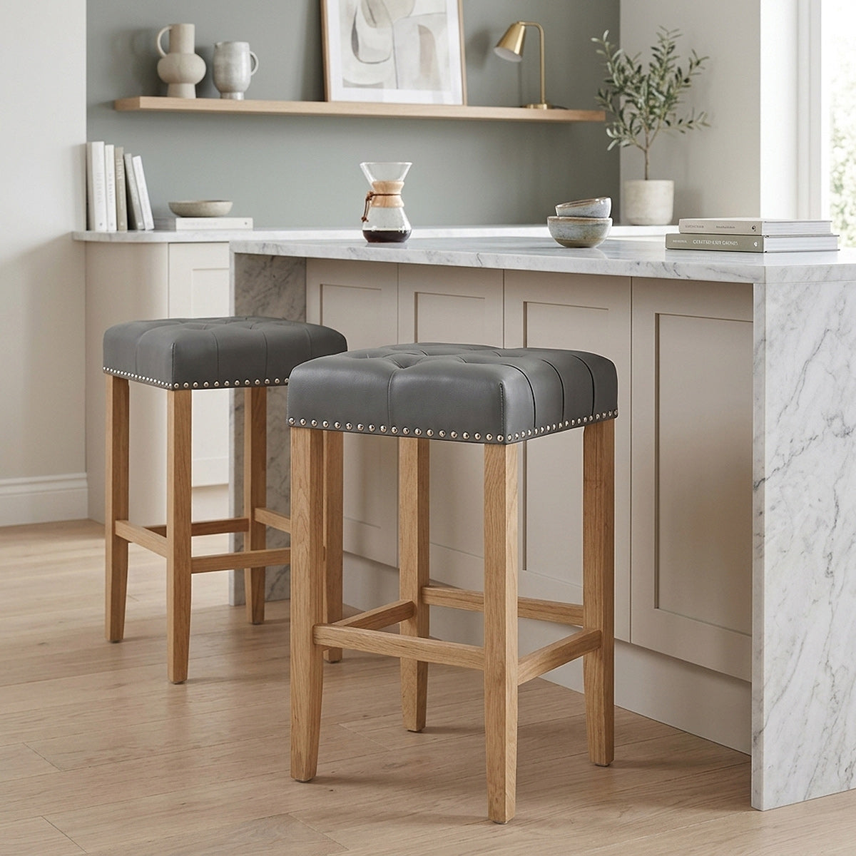 Chelsea Oak Stool Grey Leather