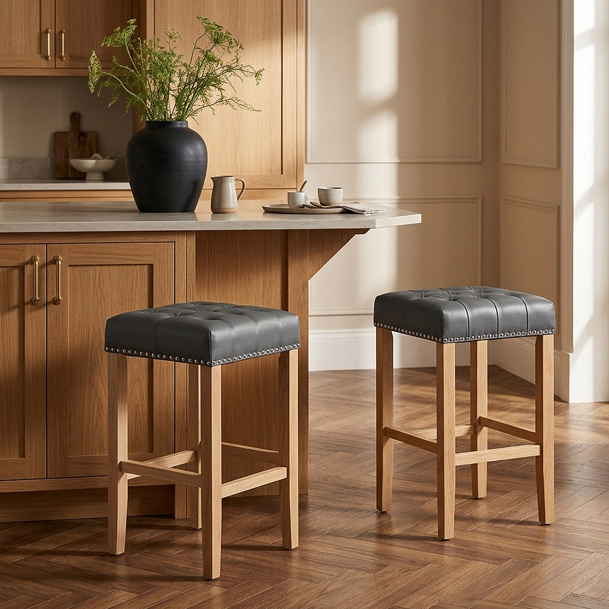 Chelsea Oak Stool Grey Leather