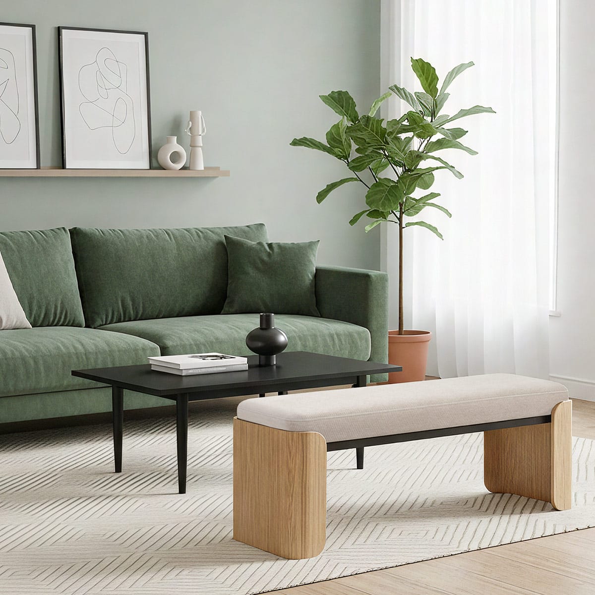 Clifton Oak Bench Beige Fabric
