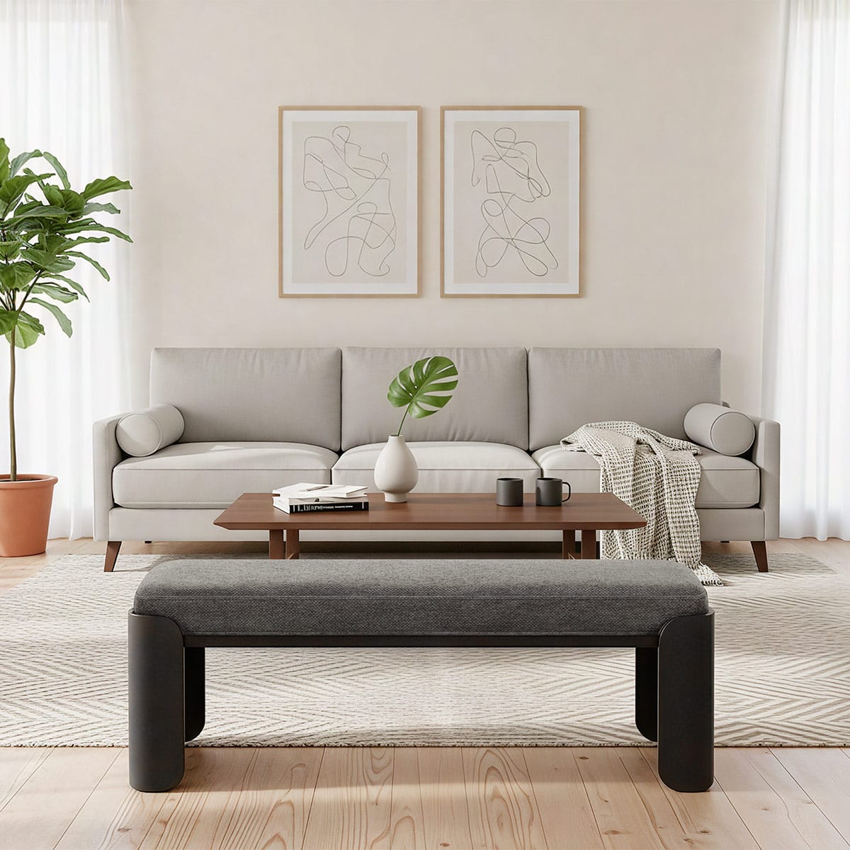 Clifton Wooden Bench Charcoal Fabric