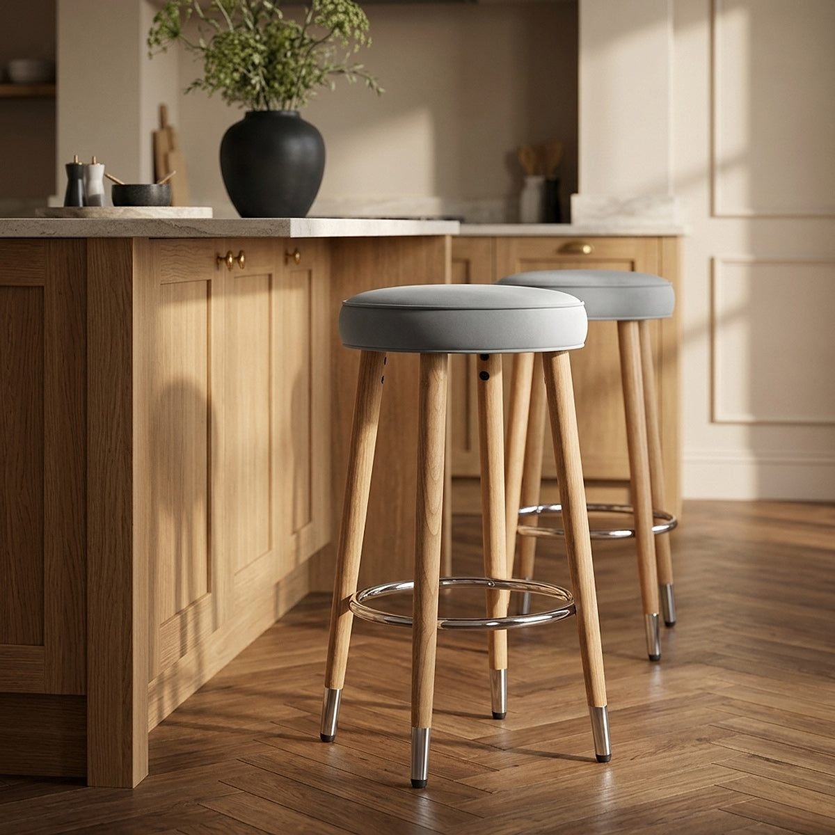 Conrad Oak Stool Grey Velvet