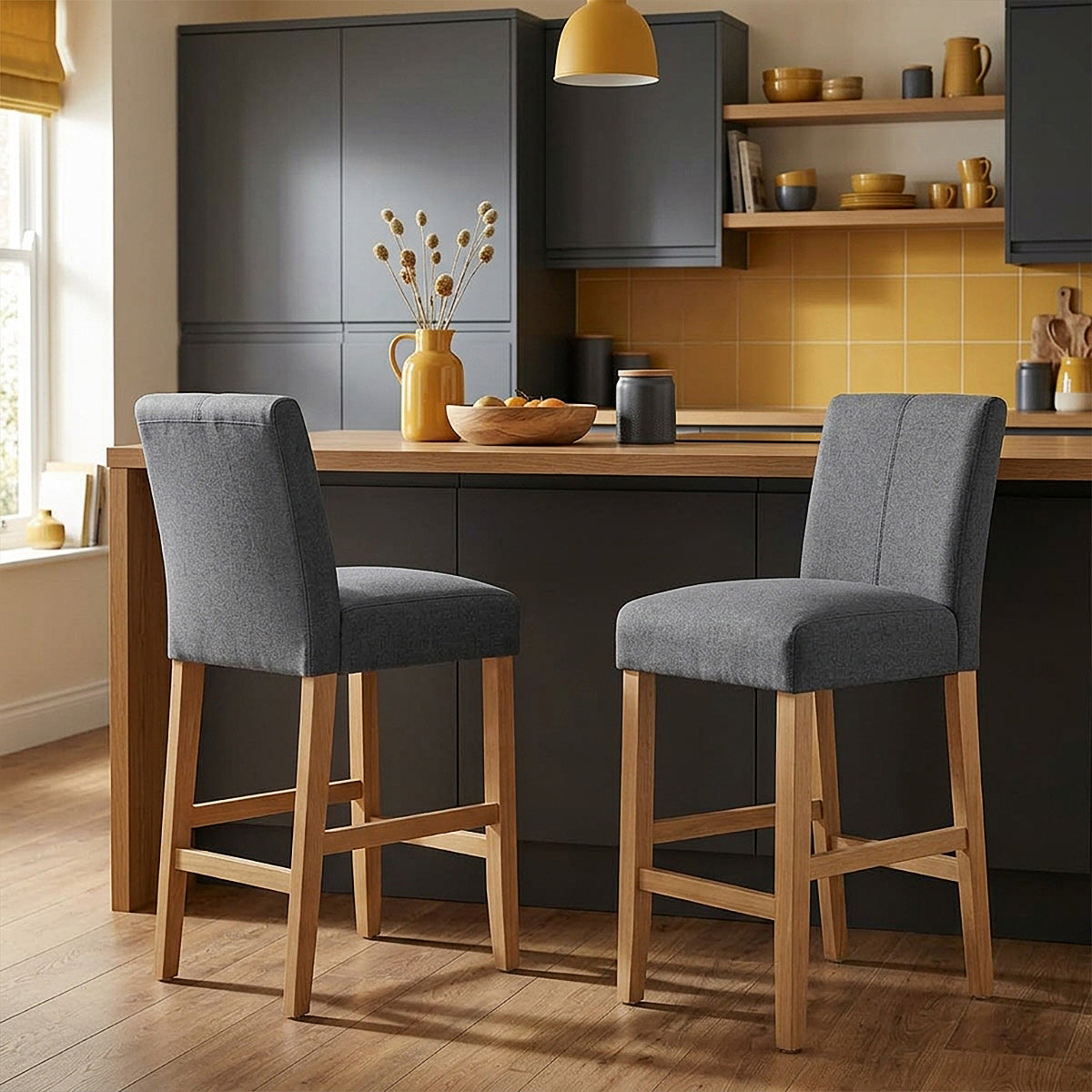 Cornell Oak Bar Stool Charcoal Fabric