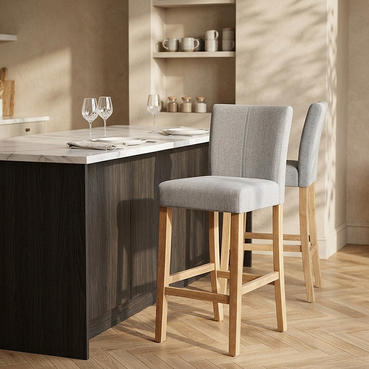 Cornell Oak Bar Stool Light Grey Fabric