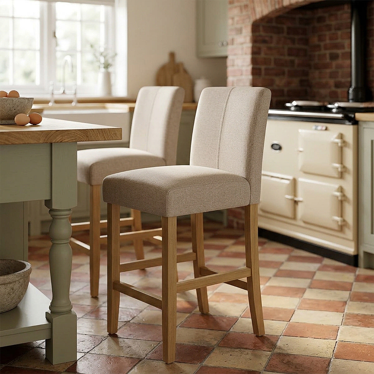 Cornell Oak Bar Stool Tweed Fabric