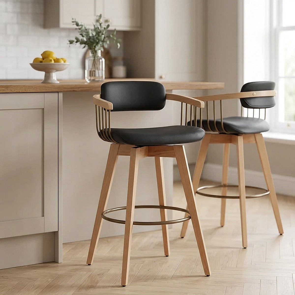 Electra Oak Real Leather Stool Black