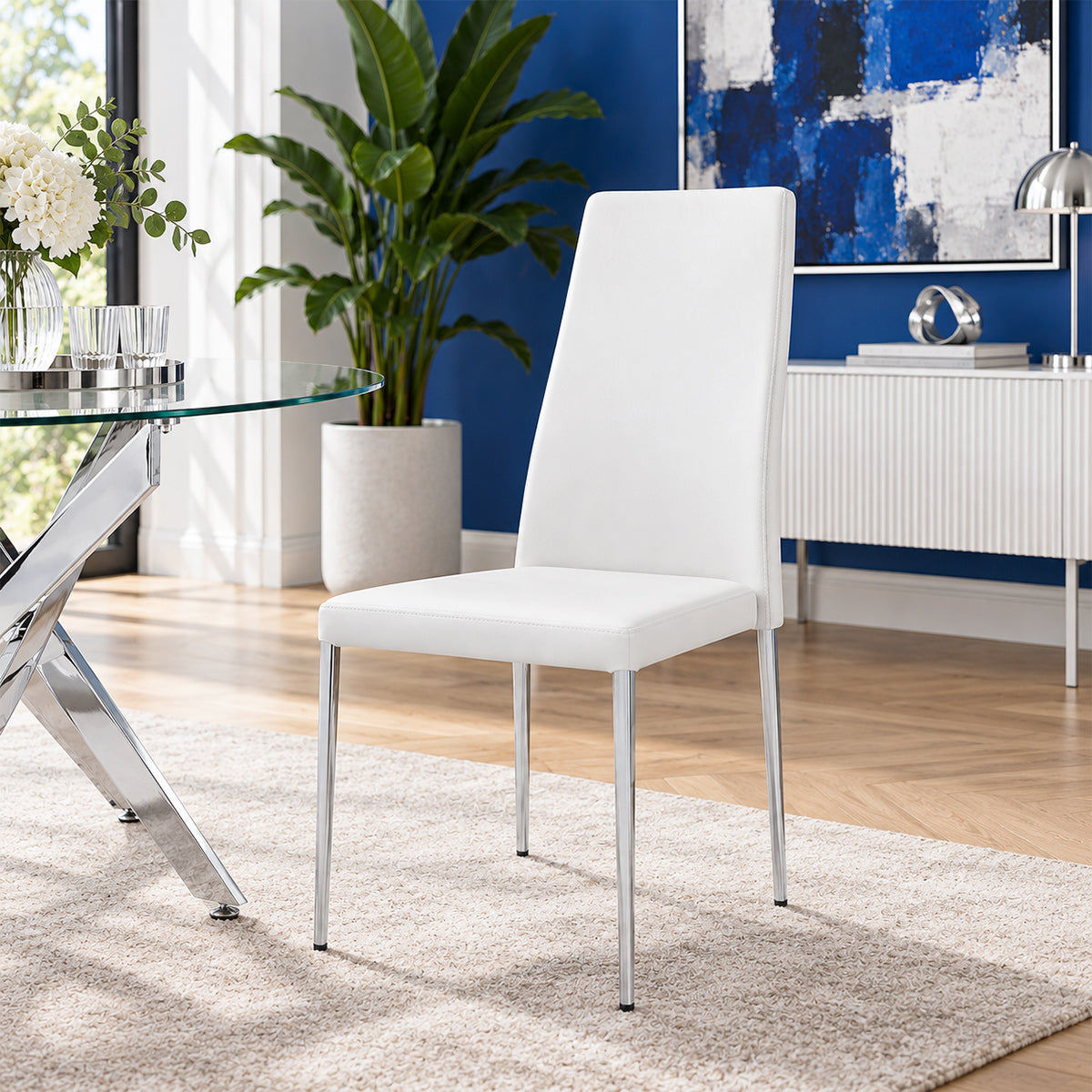 Faith Stackable Chrome Chair White Faux Leather