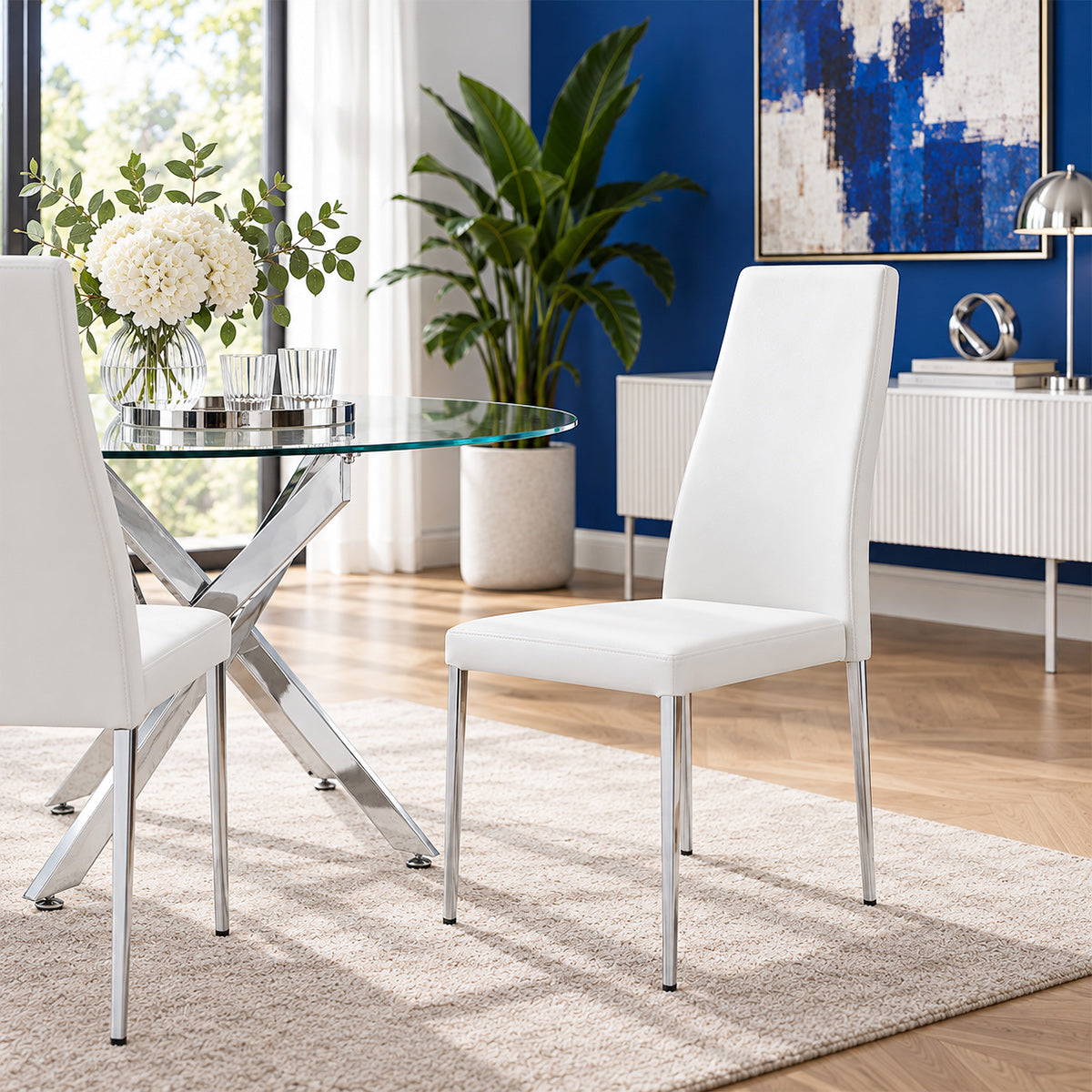 Faith Stackable Chrome Chair White Faux Leather