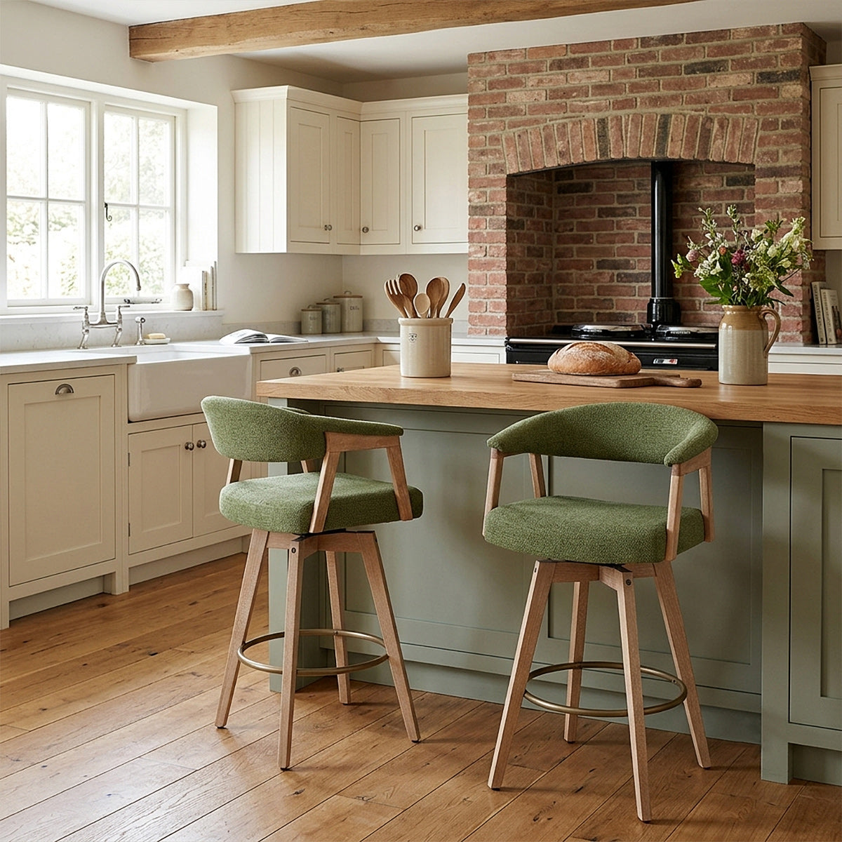 Falco Stool Oak & Green Fabric