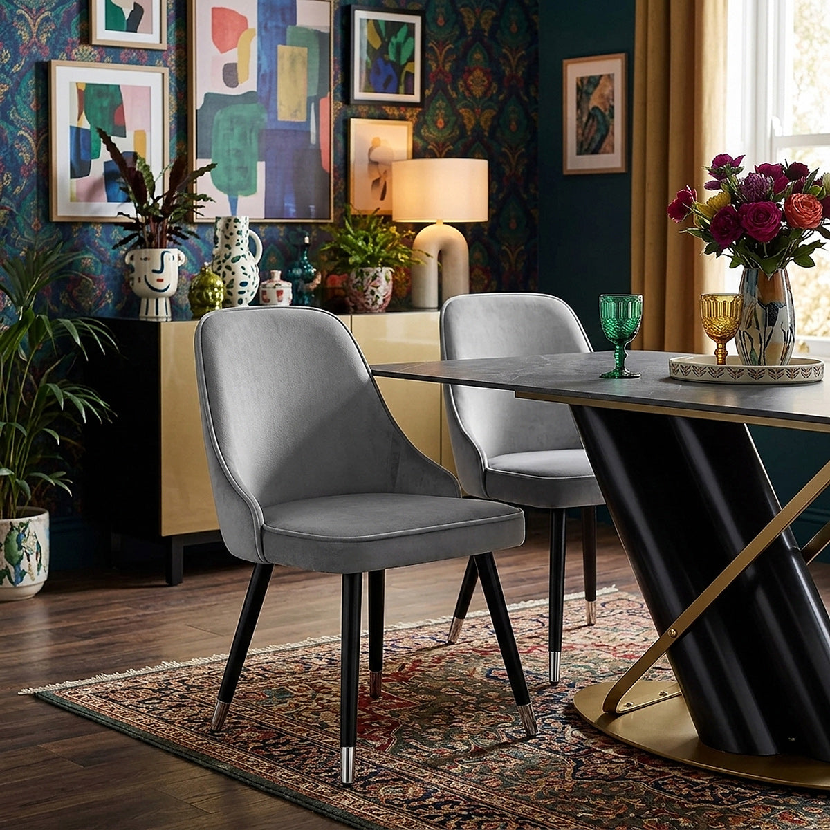 Glam Dining Chair Grey Velvet
