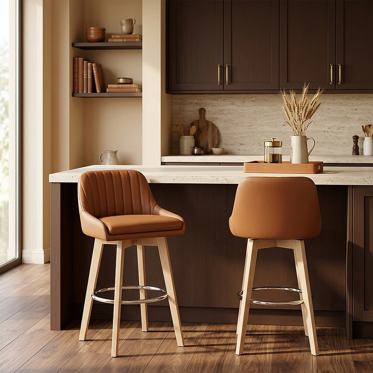 Hamilton Bar Stool Oak & Tan Real Leather