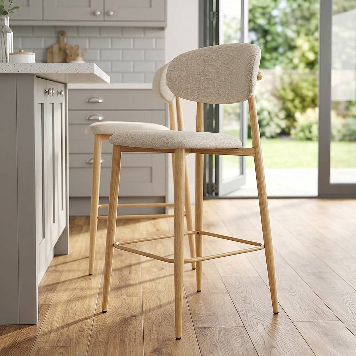 Harrow Oak Bar Stool Beige Fabric