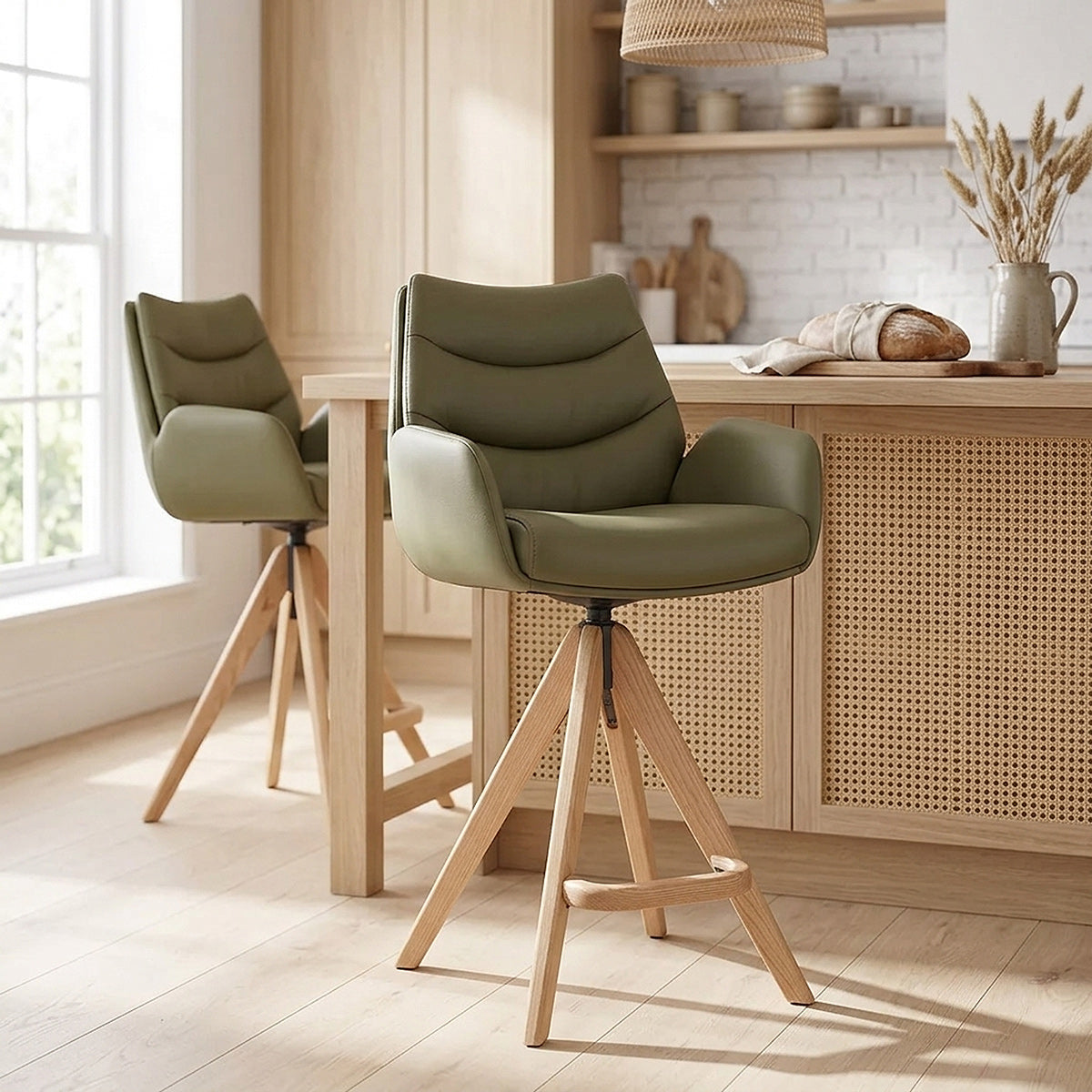 Madrid Real Leather Wooden Stool Green