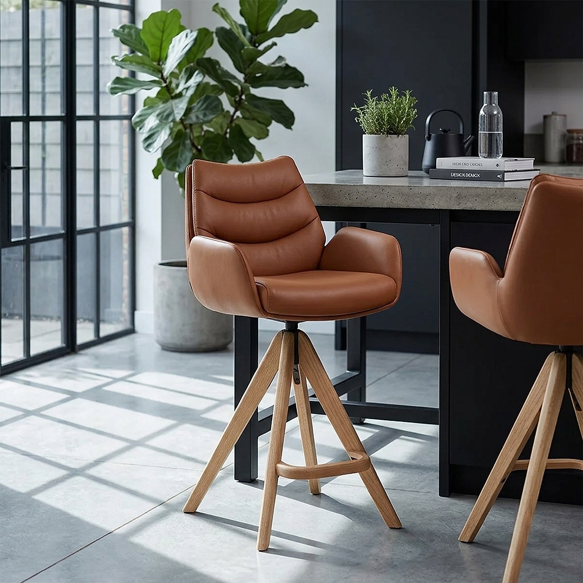 Madrid Real Leather Wooden Stool Tan
