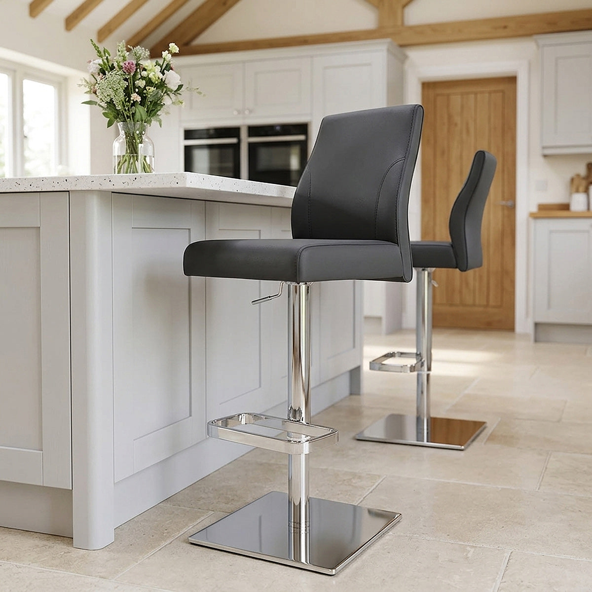 Martello Real Leather Chrome Stool Black