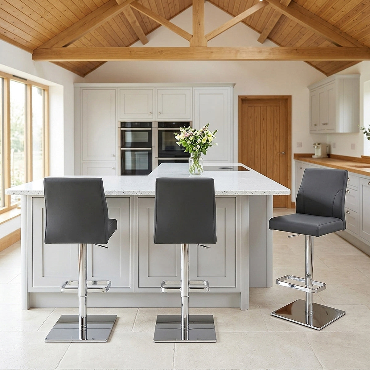 Martello Real Leather Chrome Stool Grey