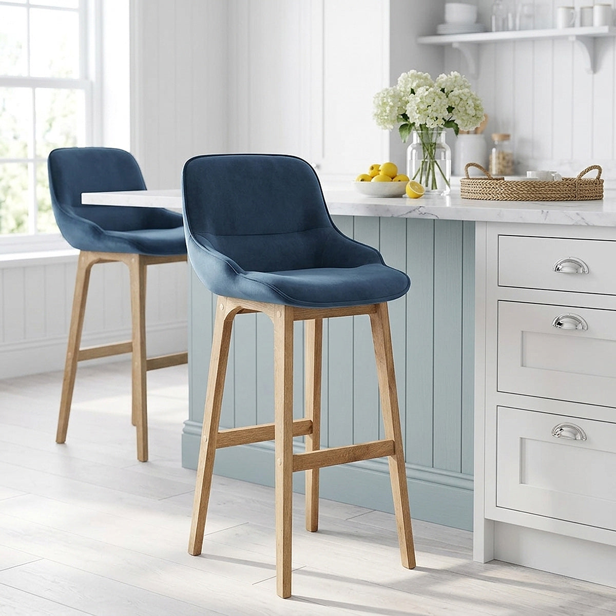 Miami Wooden Stool Blue Velvet