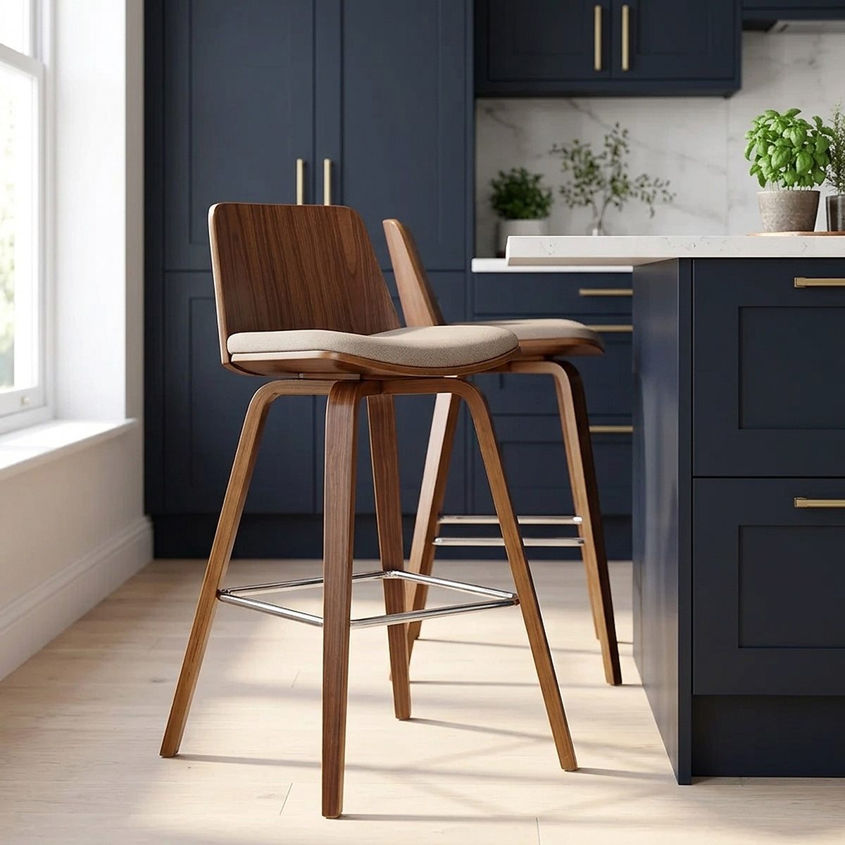 Mirage Wooden Stool Beige Fabric
