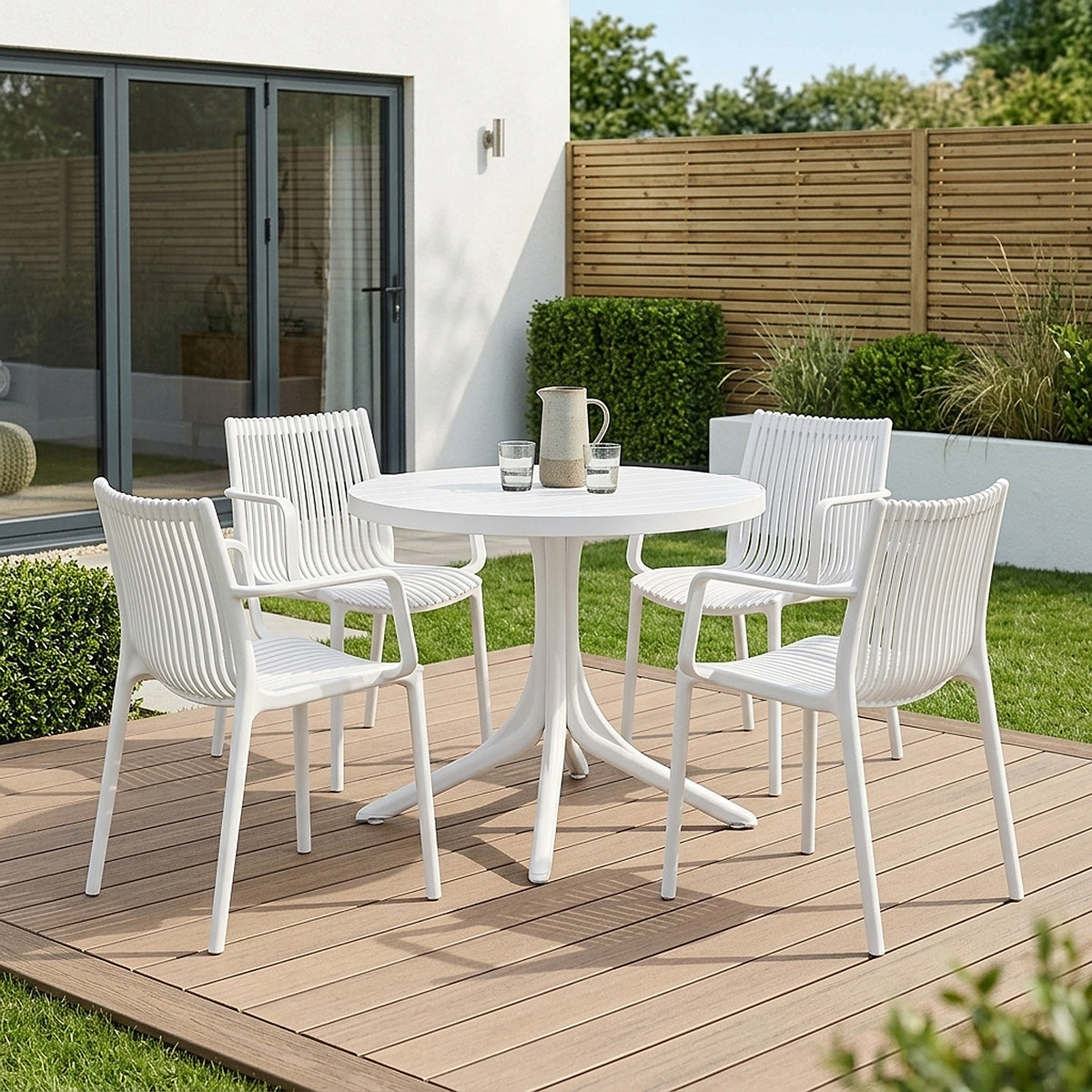 Mono Outdoor Table & 4 Aura Stackable Armchairs Dining Set