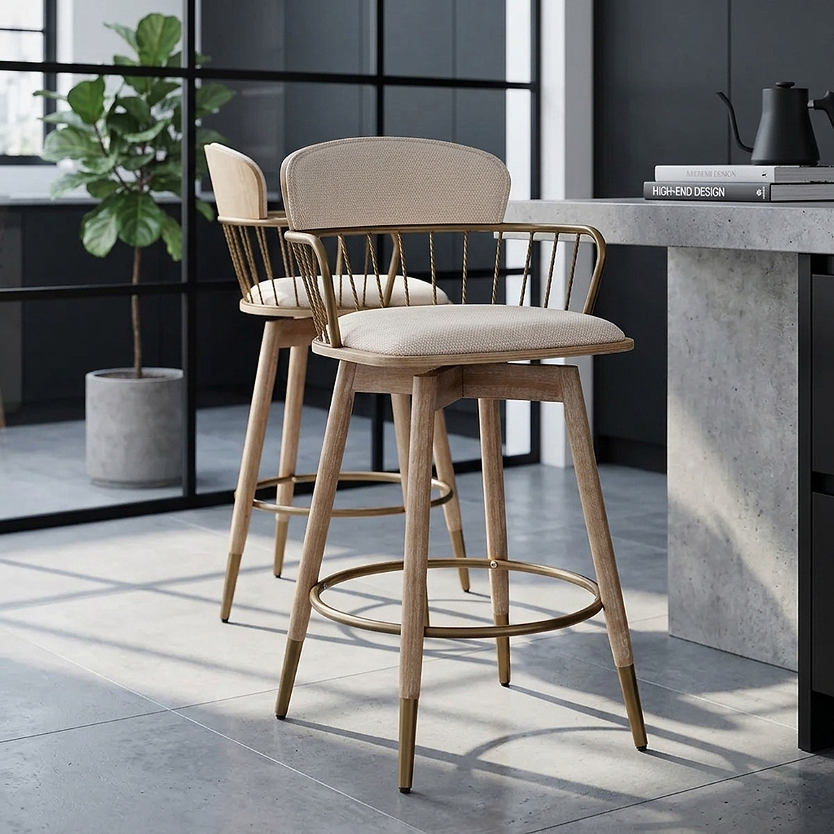 Opera Bar Stool Oak & Beige Fabric