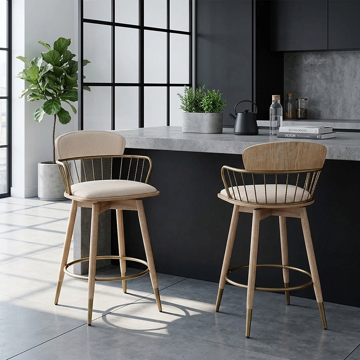 Opera Bar Stool Oak & Beige Fabric