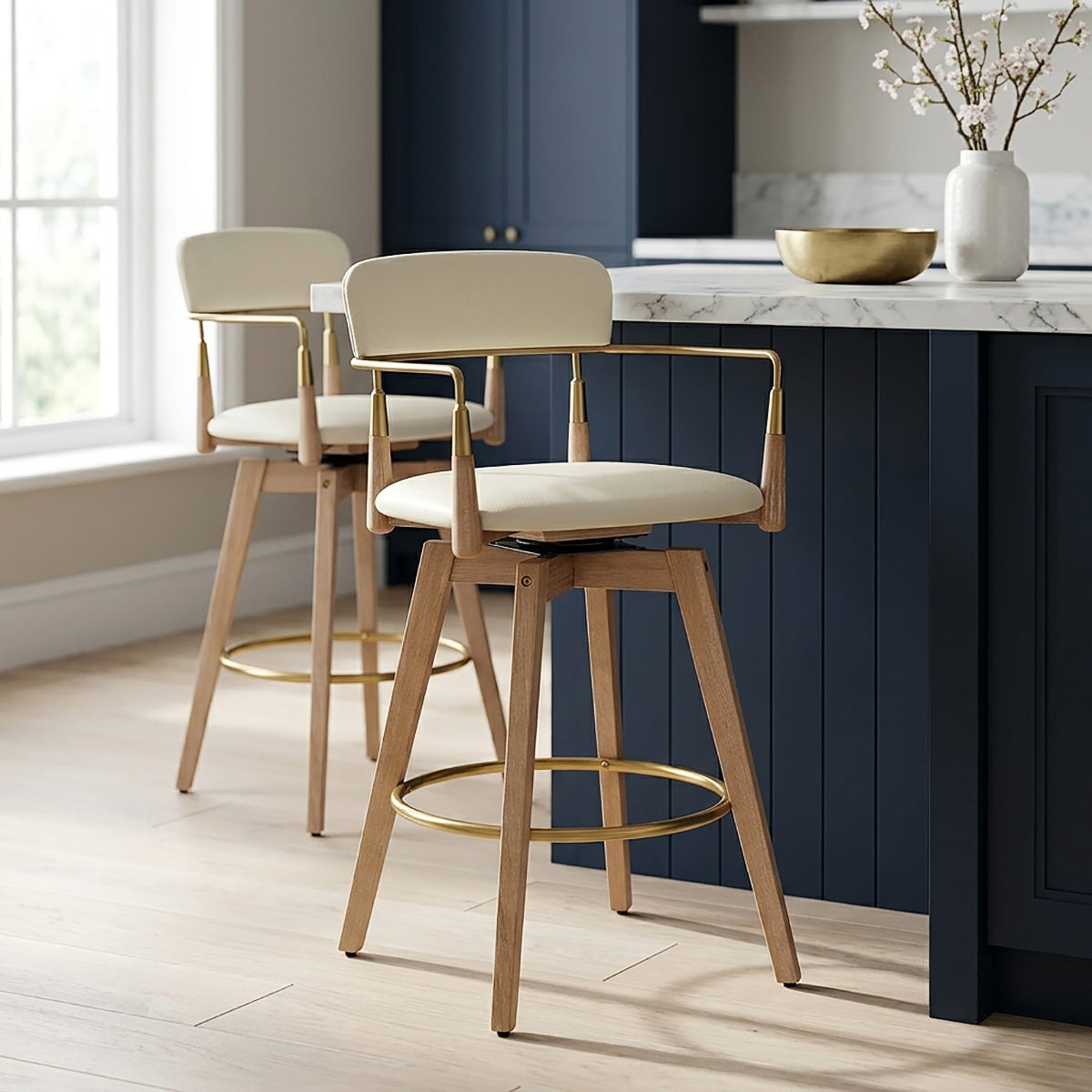 Reed Real Leather Wooden Stool Cream