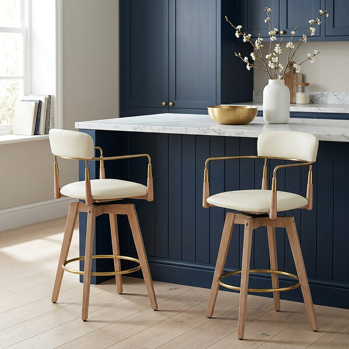 Reed Real Leather Wooden Stool Cream