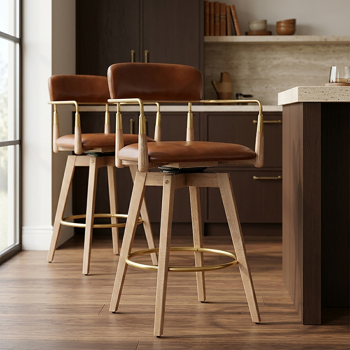 Reed Real Leather Wooden Stool Tan