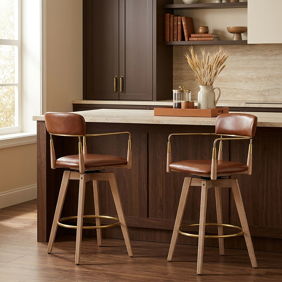 Reed Real Leather Wooden Stool Tan