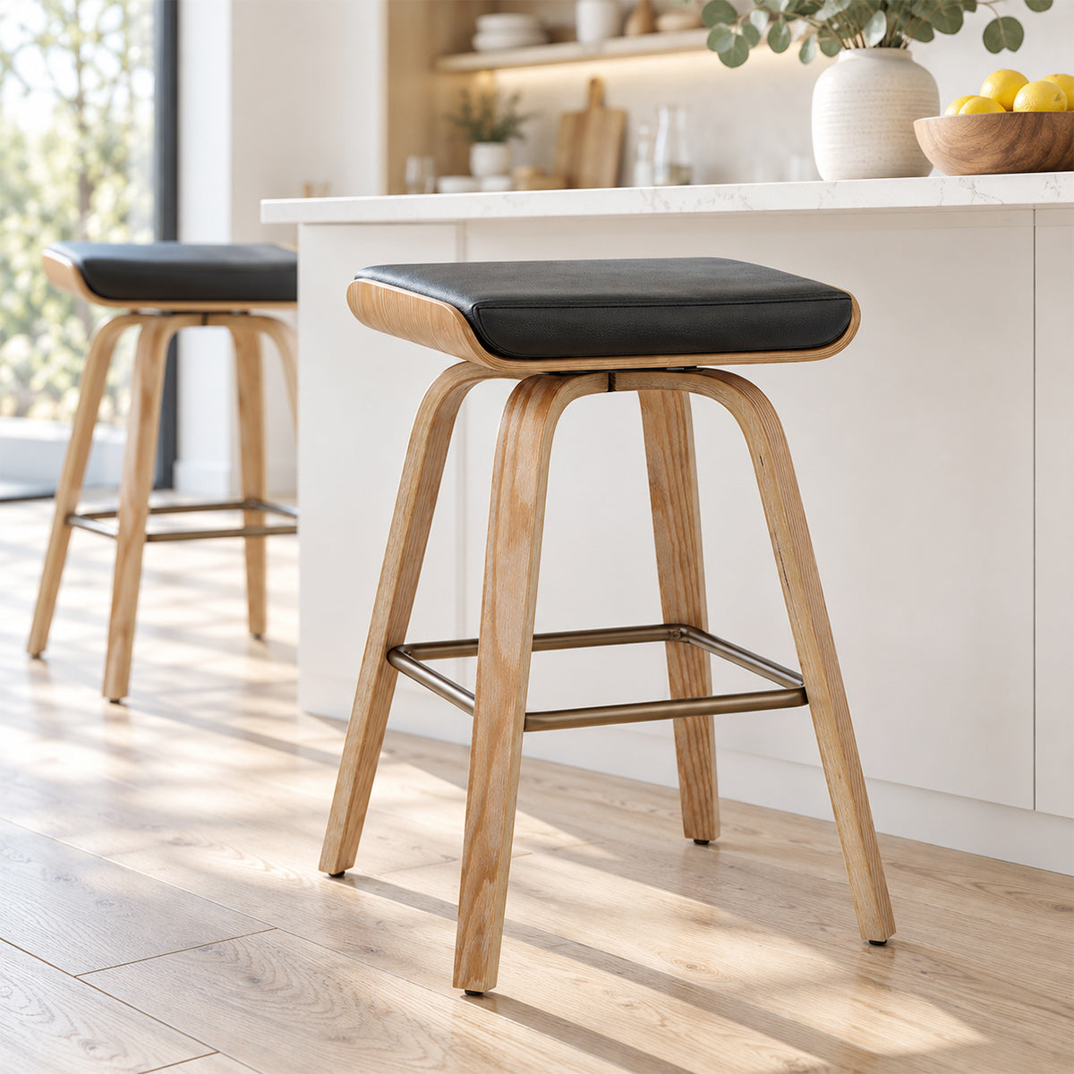 Remy Oak Stool Black Real Leather