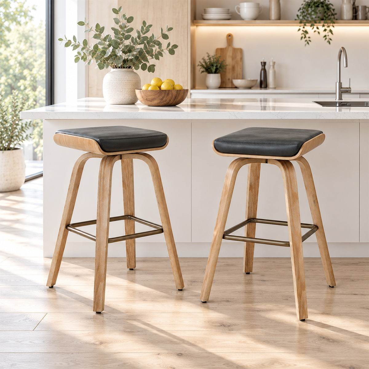 Remy Oak Stool Black Real Leather