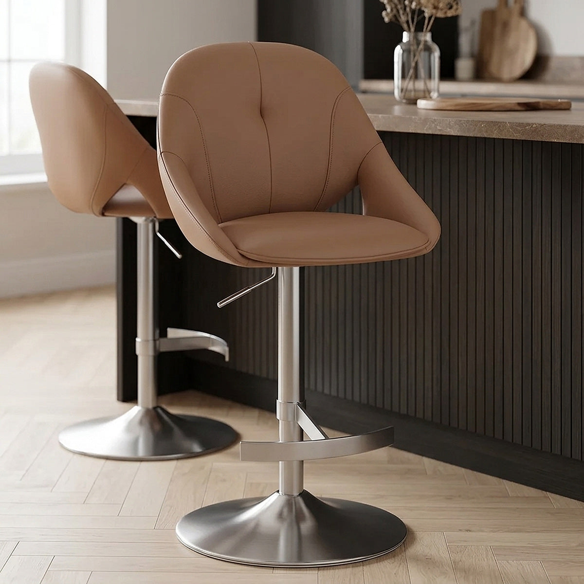 Rico Brushed Steel Stool Brown Eco Leather