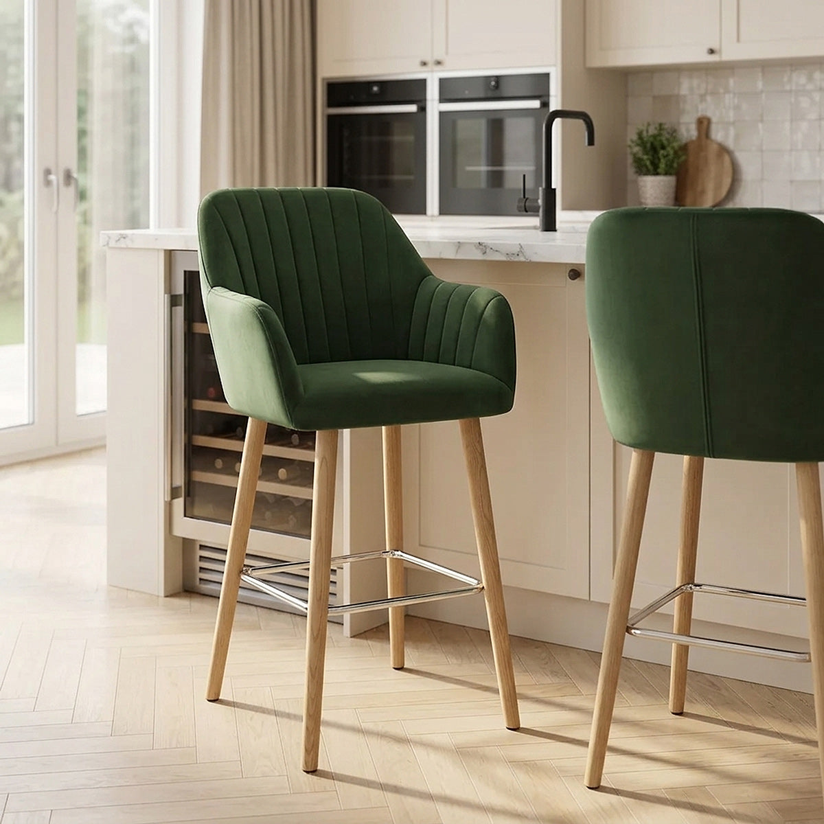 Rio Wooden Stool Green Velvet