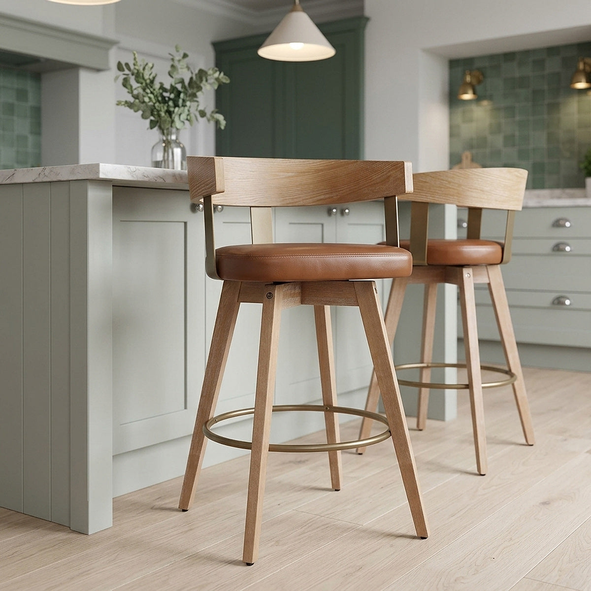 Roman Oak Bar Stool Brown Real Leather