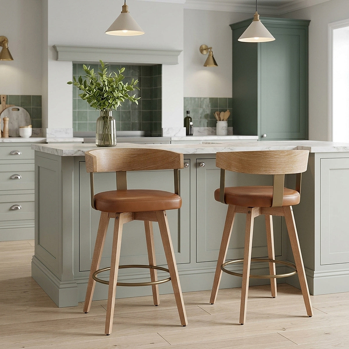 Roman Oak Bar Stool Brown Real Leather