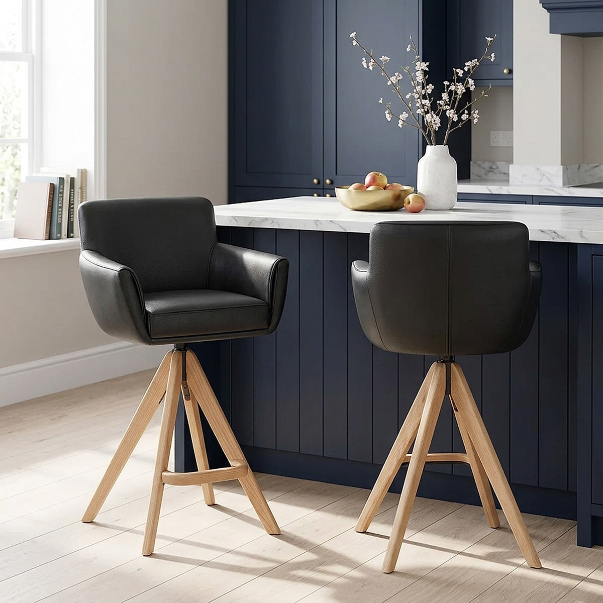 Rome Real Leather Wooden Stool Black