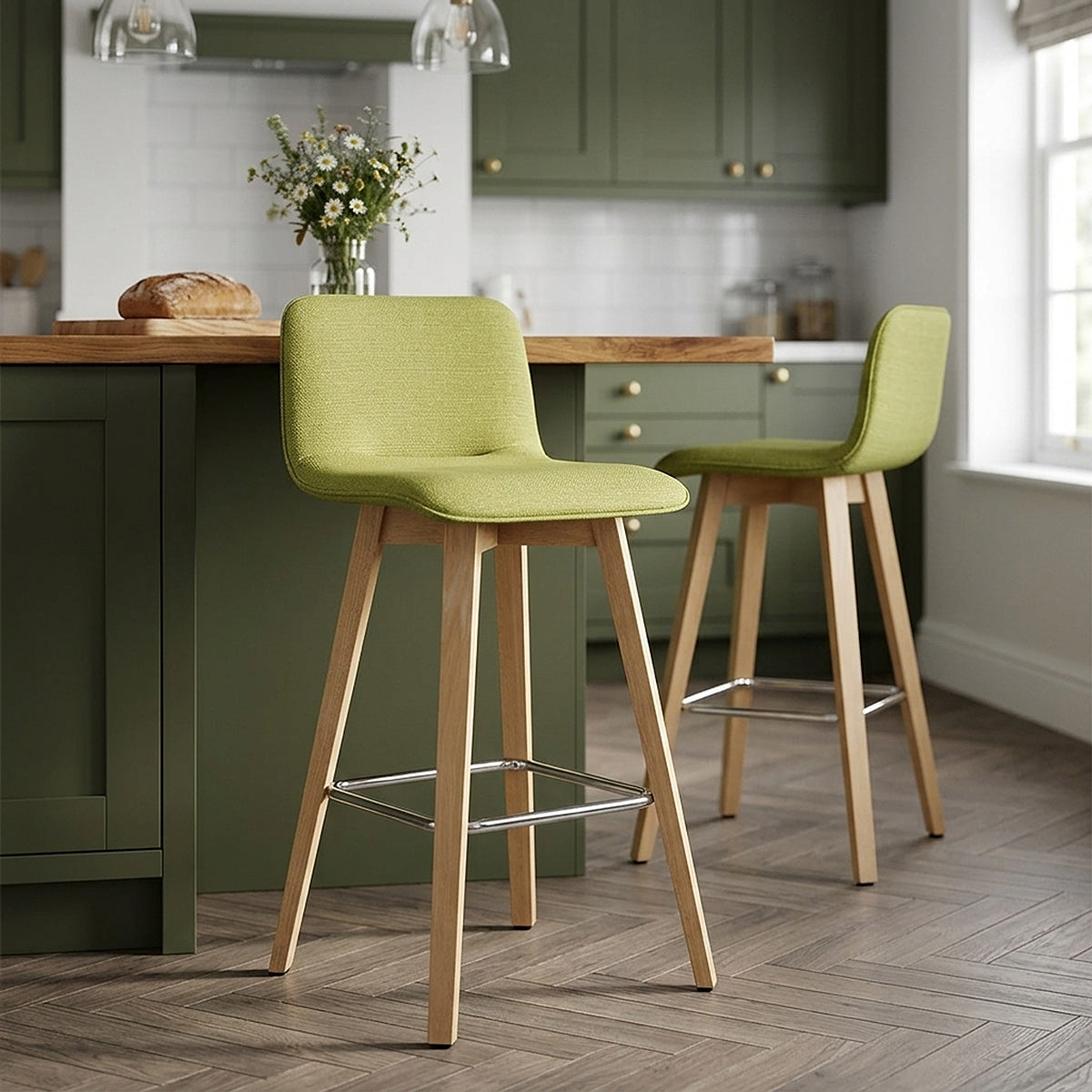 Tide Wooden Stool Green Fabric