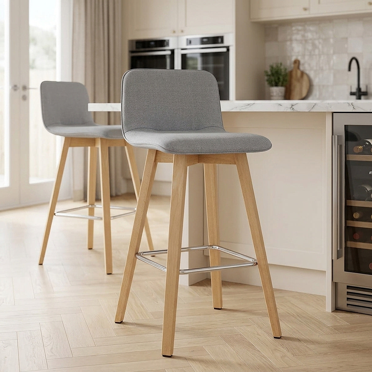 Tide Wooden Stool Grey Fabric
